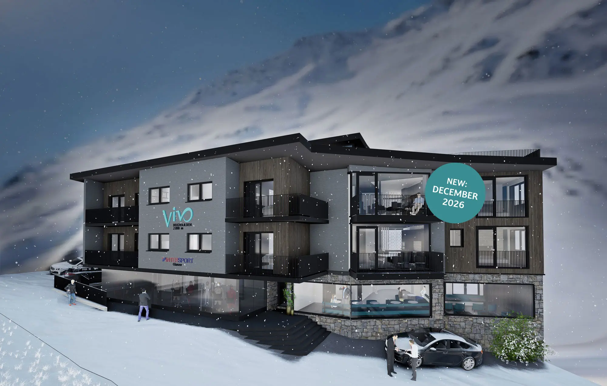 Visualisierung eines modernen Apartmenthauses mit Balkonen, eingebettet in verschneite Berge unter einem klaren blauen Himmel. Türkiser Kreis mit weißer Schrift "New: December 2026" rechts im Bild.