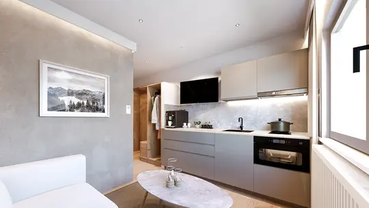 Moderne Küche und Wohnbereich mit hellen Schränken, Geräten, Sofa, Couchtisch und großem Fenster mit Sonnenlicht.