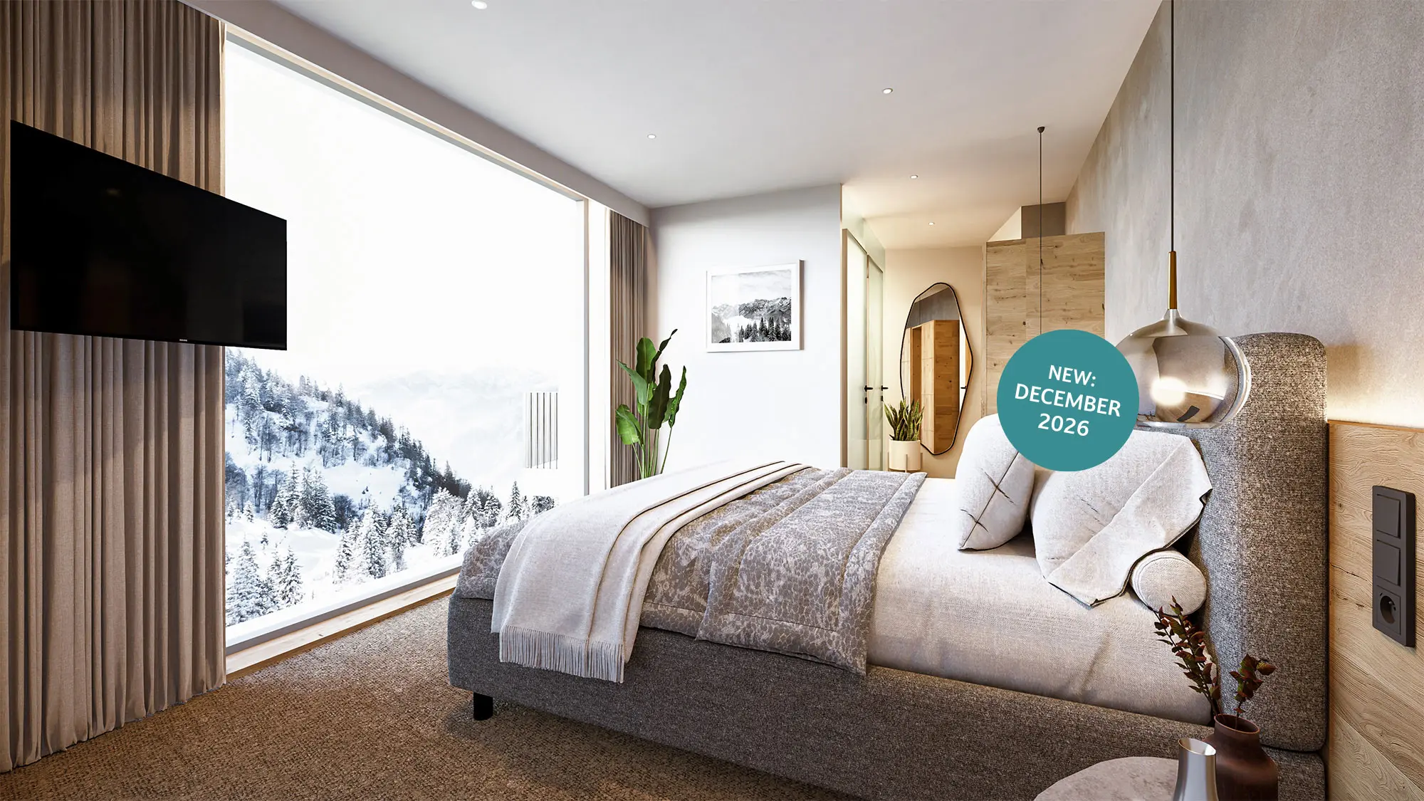 Modernes Apartmentzimmer mit großem Bett, TV und einem Fenster mit Blick auf eine verschneite Berglandschaft. Türkiser Kreis mit weißer Schrift "New: December 2026" rechts im Bild.