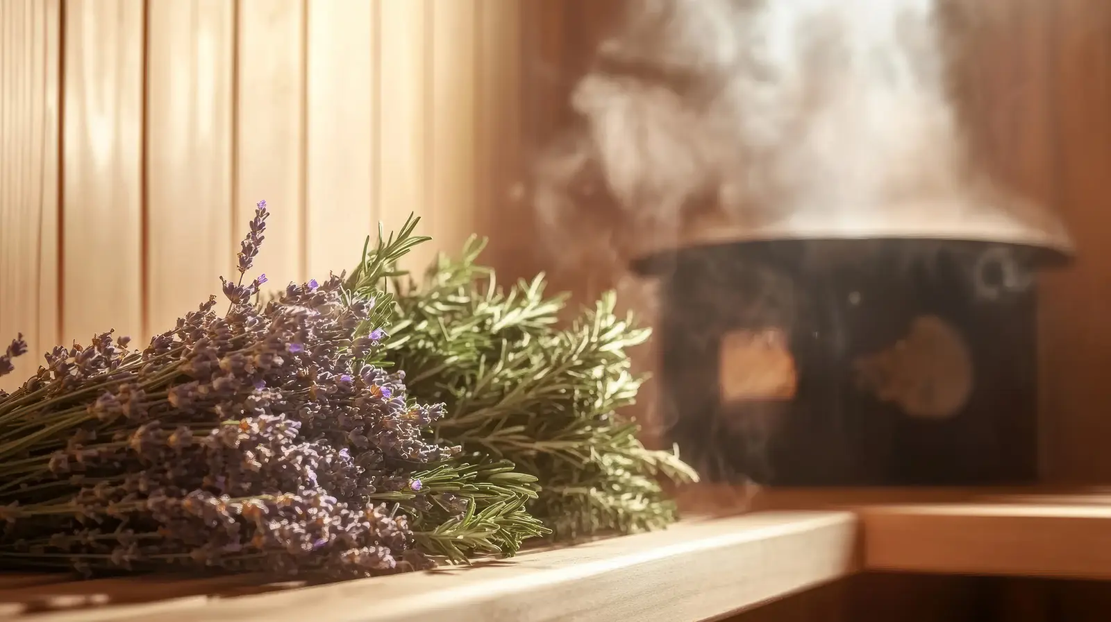 Ein Bündel Lavendel liegt auf einer hölzernen Saunabank neben einem dampfenden Saunaofen.