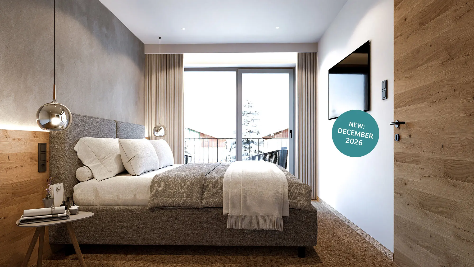 Modernes Schlafzimmer mit grauem Bett, weißem Bettzeug, Beistelltisch und einem großen Fenster, das natürliches Licht hereinlässt. Türkiser Kreis mit weißer Schrift "New: December 2026" rechts im Bild.