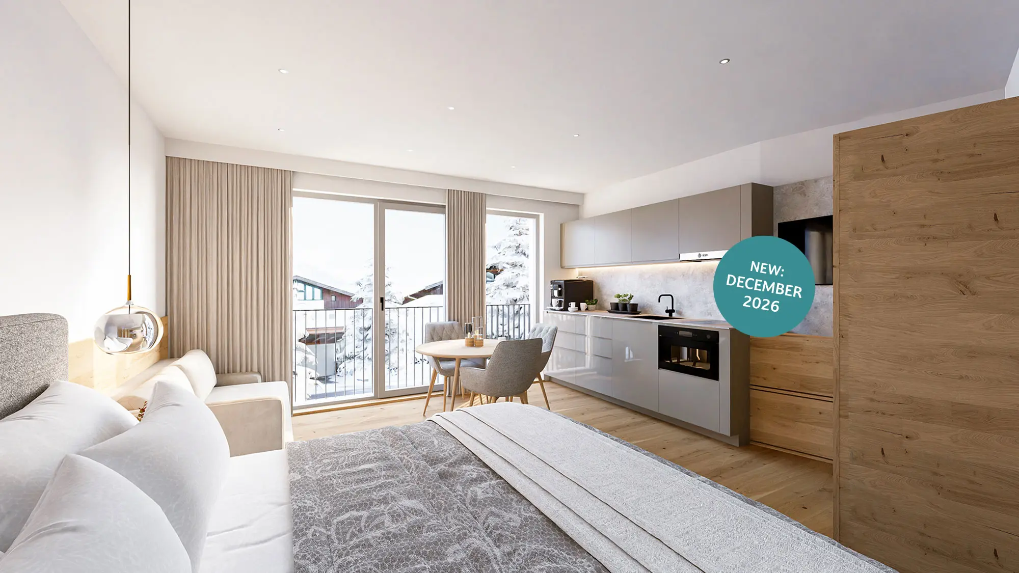 Modernes Apartment mit einem Bett, einem Sofa, einer Küchenzeile und einer Balkontür, durch die Tageslicht einfällt. Türkiser Kreis mit weißer Schrift "New: December 2026" rechts im Bild.