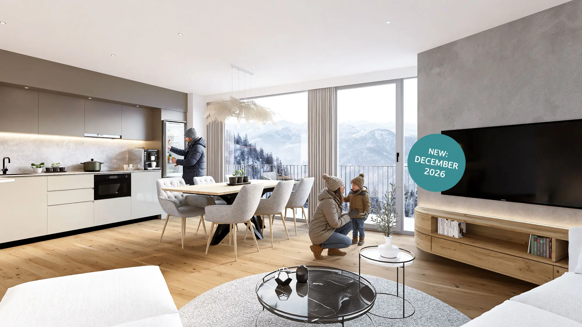 Modernes, offenes Wohnzimmer und Küche mit großen Fenstern, Blick auf die Berge, und Menschen essen und entspannen. Türkiser Kreis mit weißer Schrift "New: December 2026" rechts im Bild.